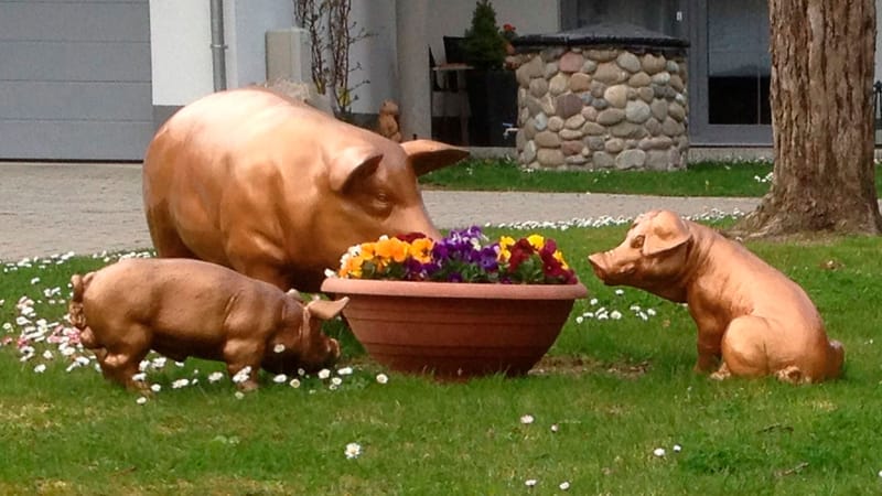 Drei Schweinefiguren aus Metall auf der Wiese um einen Blumentopf mit Stiefmütterchen